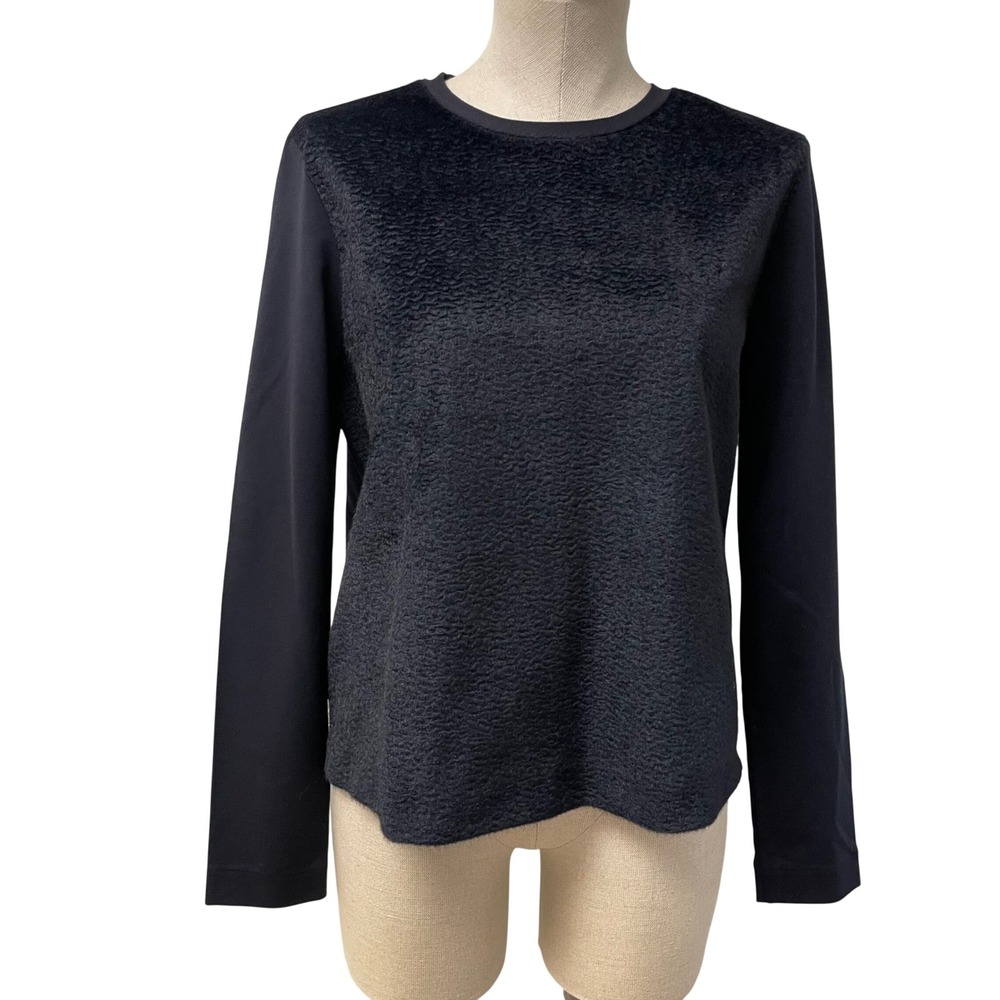 COS Long Sleeve Top Womens Medium Navy Blue Mixed Media Faux Fur Front Crew Neck